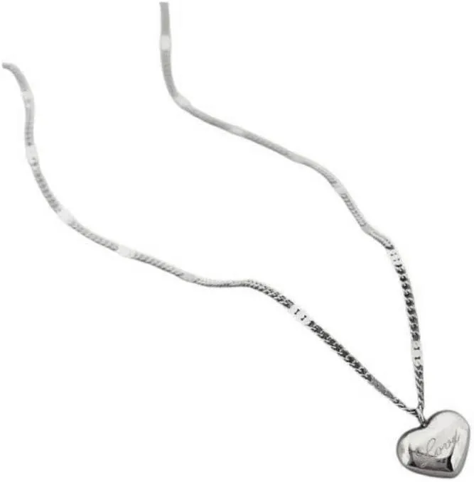 18K gold plated Love engraved heart pendant necklace with 15.5 inch Cuban link chain alternating with flat chain