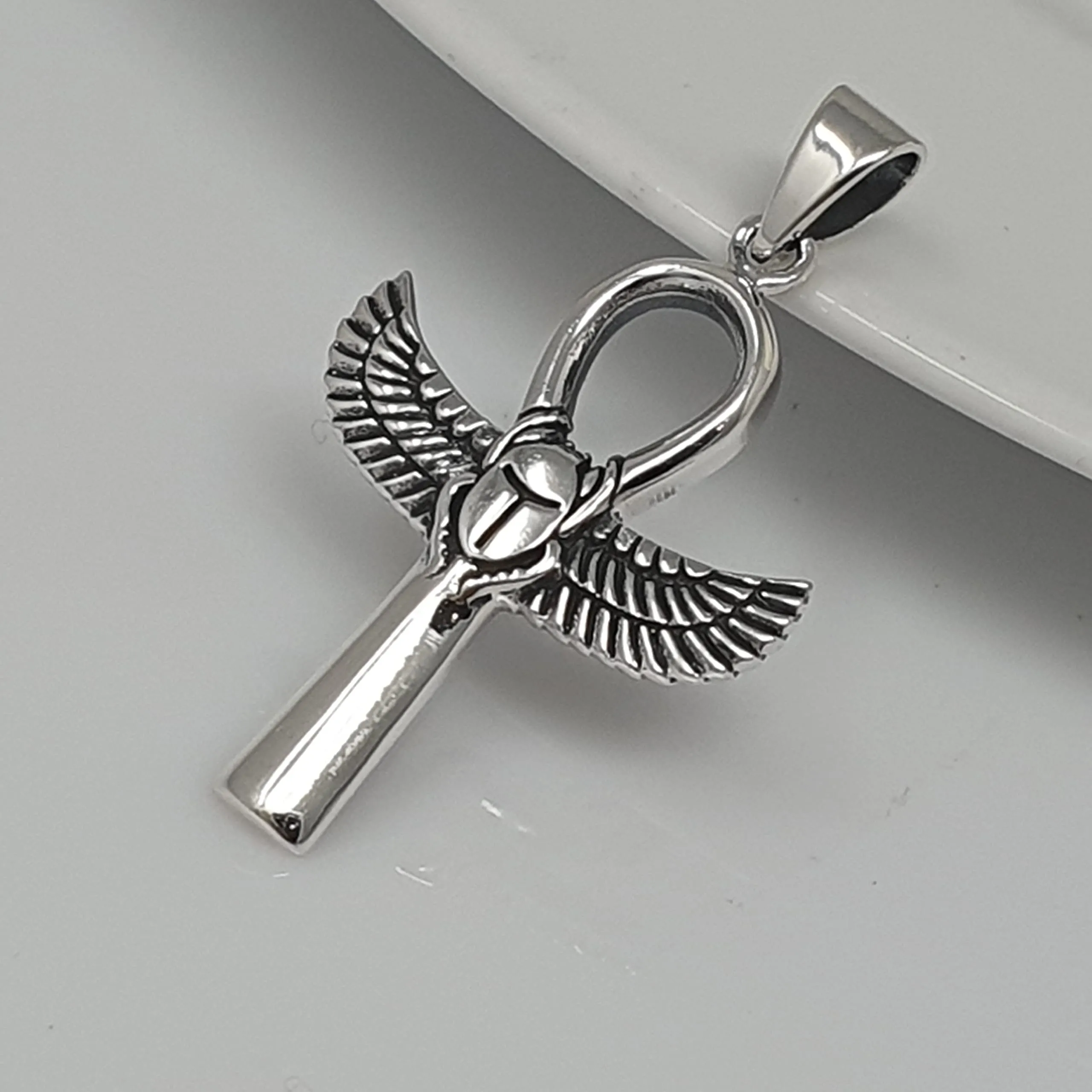 Ankh Wings and Scarab Beatle Pendant | 925 Sterling Silver Pendant for Men and Women