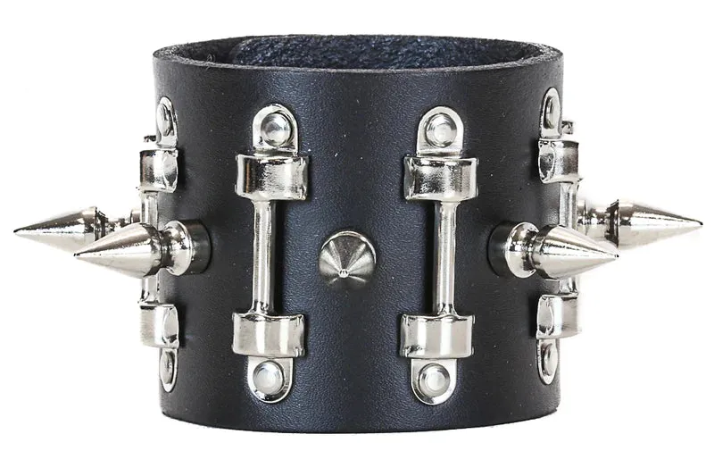 Black Leather Bracelet w/ Large Handle Holders and 1" Spikes