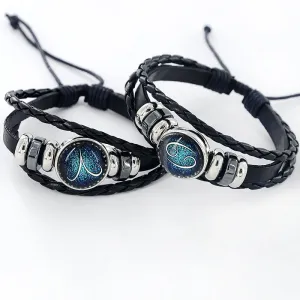 Black Leather Zodiac Sign with beads zodiac Bracelet