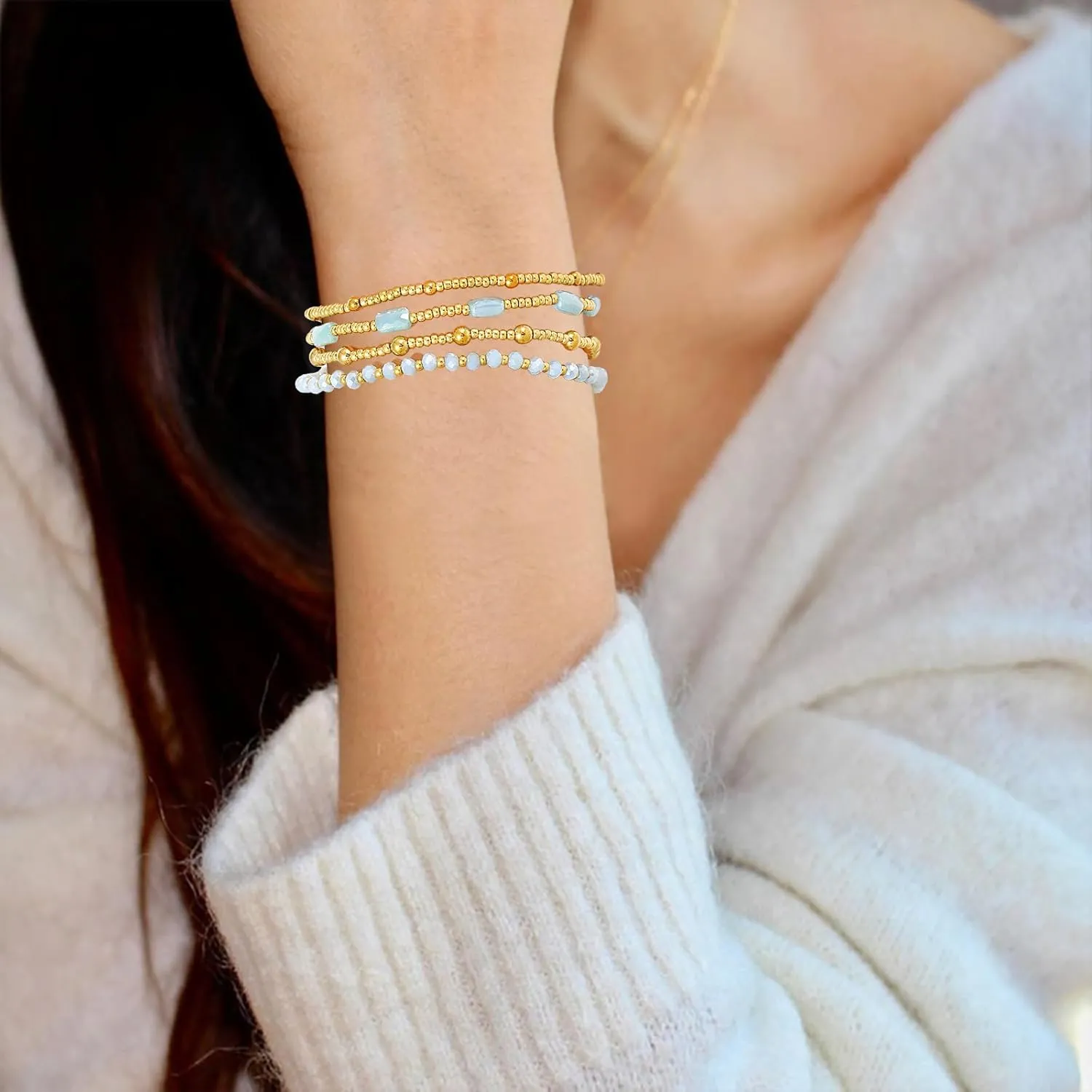 Dainty Gold Pearl Crystal Beaded Bracelets Set for Women 14K Real Gold Plated Bead Pearl Crystal Beads Bracelet Stackable Paperclip Link Chain Bracelets Gold Bracelets for Women Trendy Jewelry