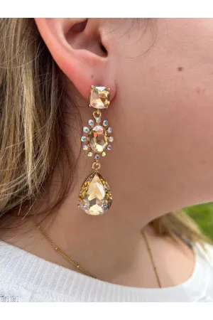 Dazzling Opulence Gold Rhinestone Square Post With Flower Teardrop Evening Charm Earrings