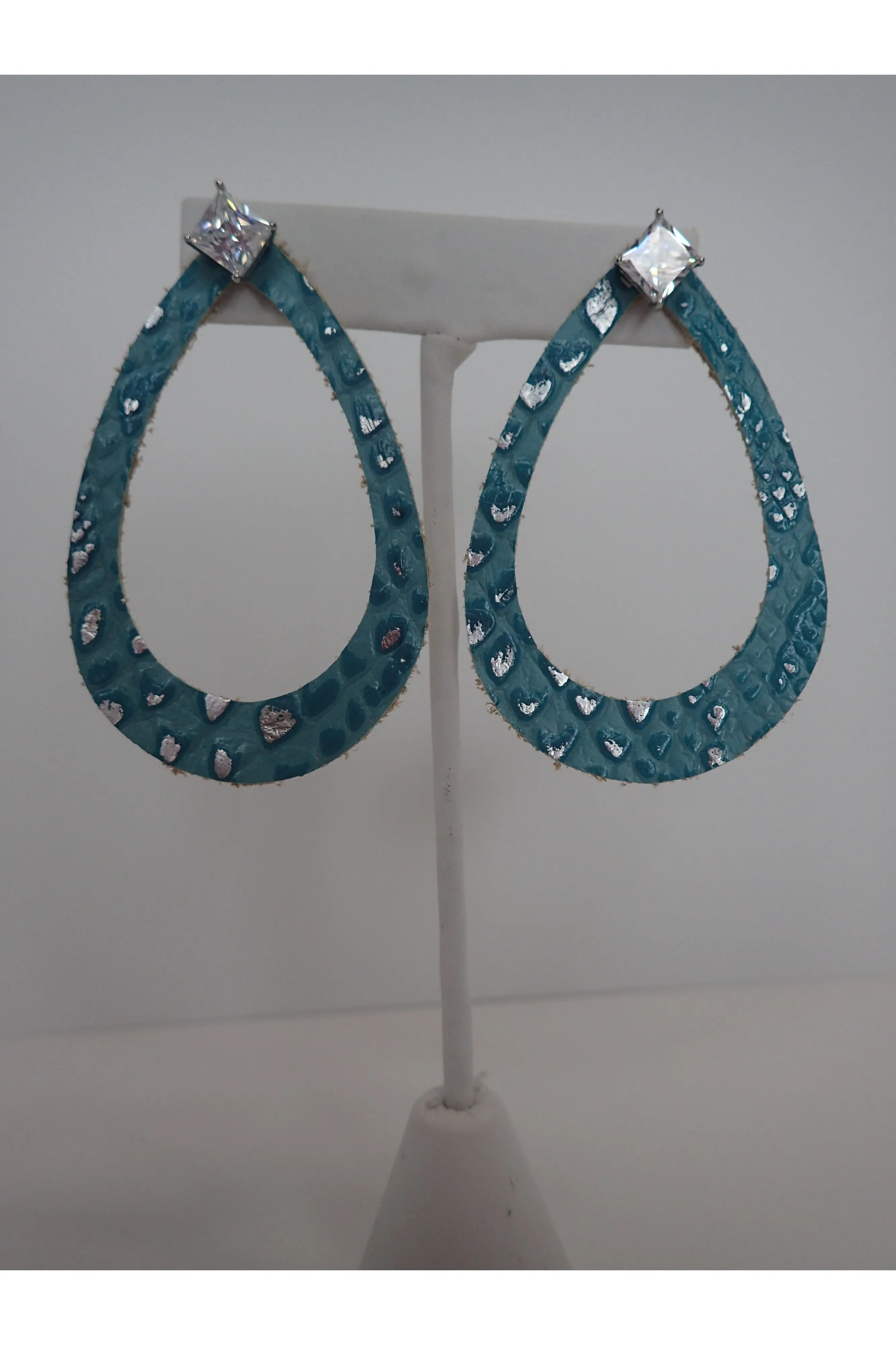 Emma Blue Leather Snakeskin Teardrop Earring With Rhinestone Stud