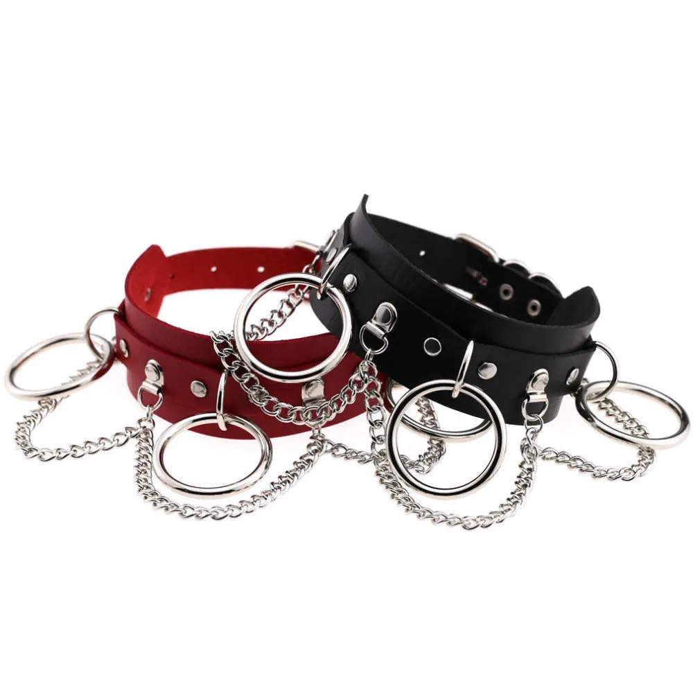 Gothic Faux Leather 'O'ring Chain Choker