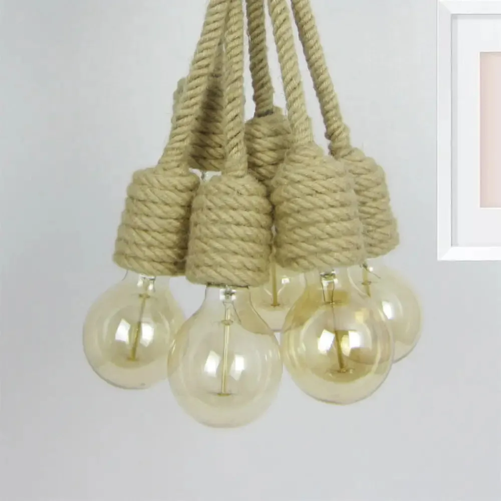 Hemp Rope Cluster Pendant Lamp - Industrial Beige Hanging Light for Farmhouse
