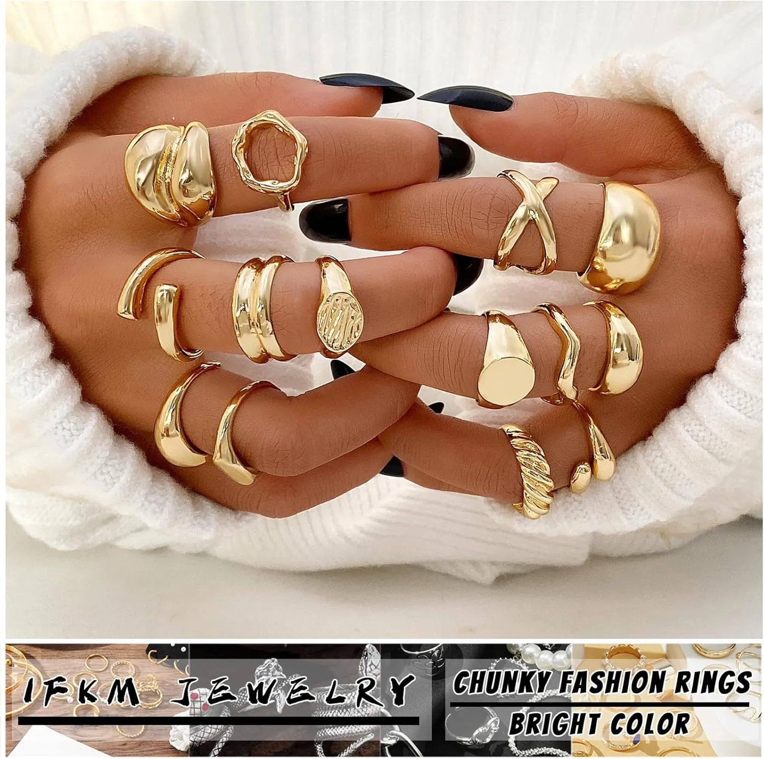 IFKM Gold Chunky Rings Set for Women 14k Gold Plated Thick Dome Stackable Open Rings Trendy Dainty Minimalist Jewelry Gifts