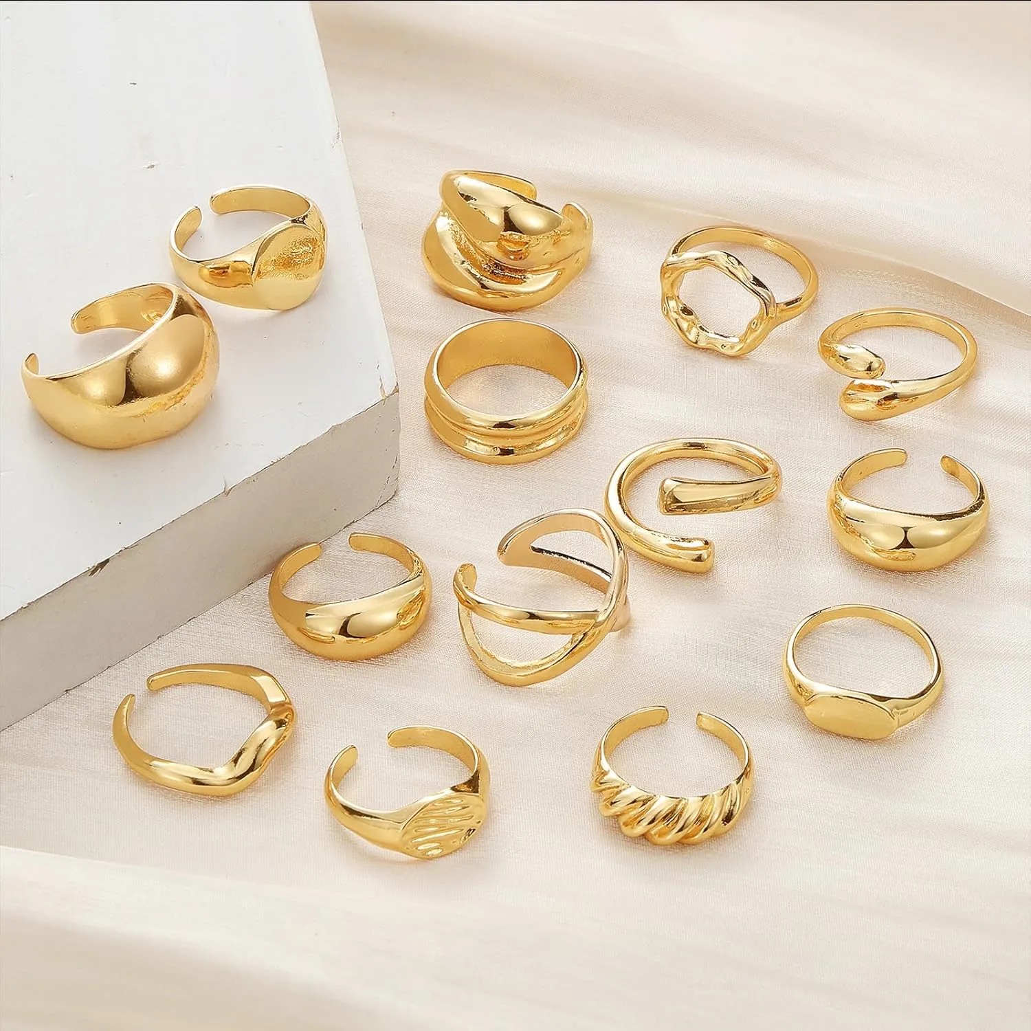 IFKM Gold Chunky Rings Set for Women 14k Gold Plated Thick Dome Stackable Open Rings Trendy Dainty Minimalist Jewelry Gifts
