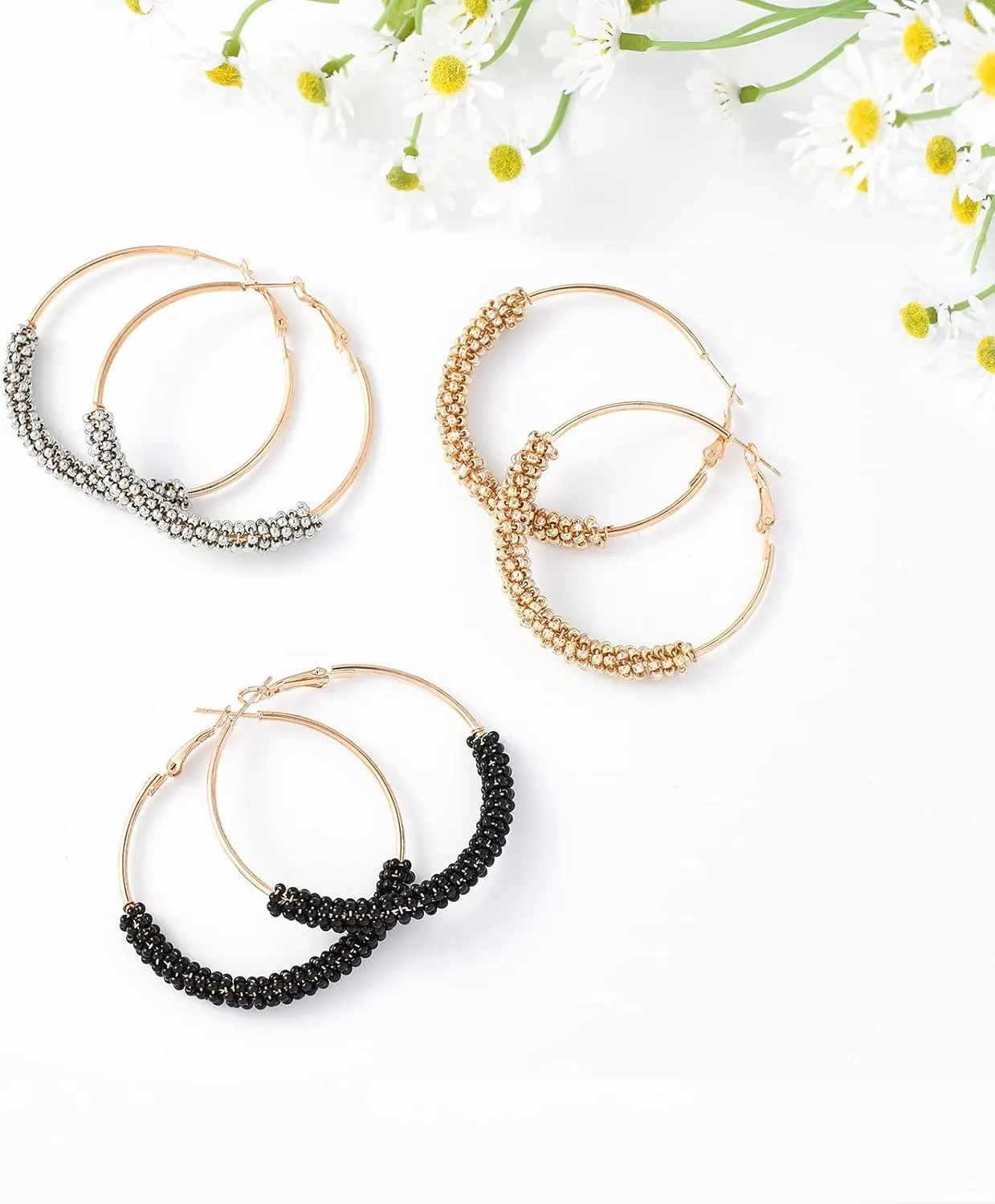 Jinxiuge 6 Pair Beaded Hoop Earrings Boho Flower Round Earrings Women's Handmade Earrings Set