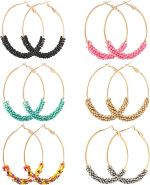Jinxiuge 6 Pair Beaded Hoop Earrings Boho Flower Round Earrings Women's Handmade Earrings Set