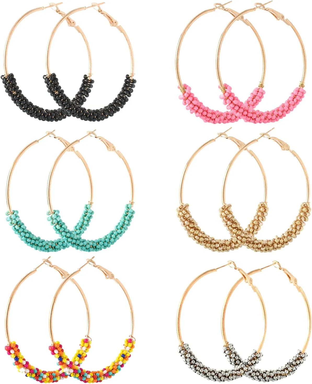 Jinxiuge 6 Pair Beaded Hoop Earrings Boho Flower Round Earrings Women's Handmade Earrings Set