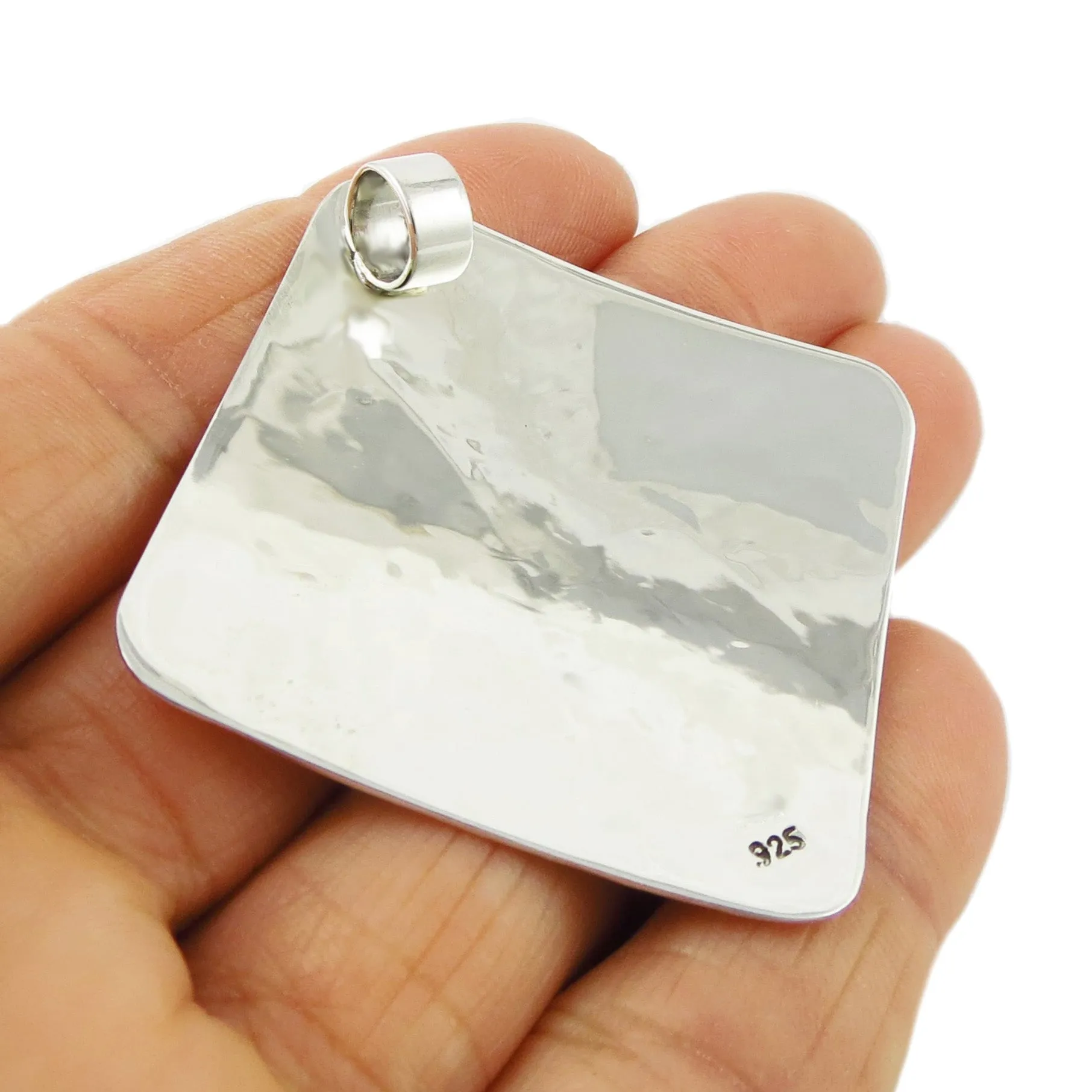 Large Silver Square Hammered Pendant Necklace