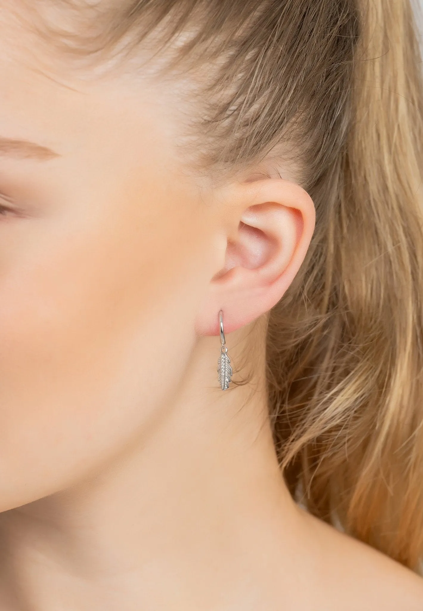 Lucky Feather Huggie Hoop Earrings Silver