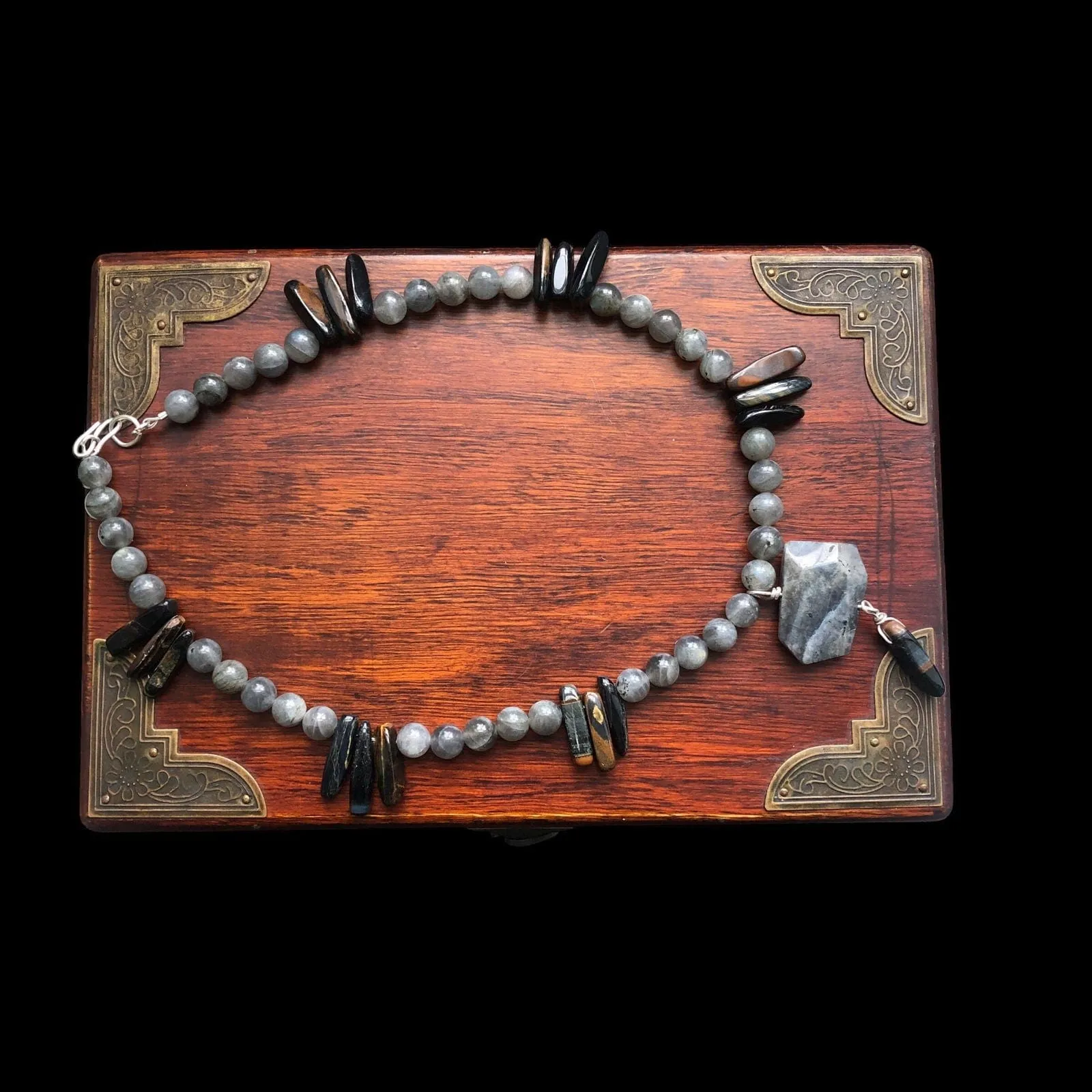Moonstone and Blue Tiger Eye Beaded Necklace with Labradorite Pendant