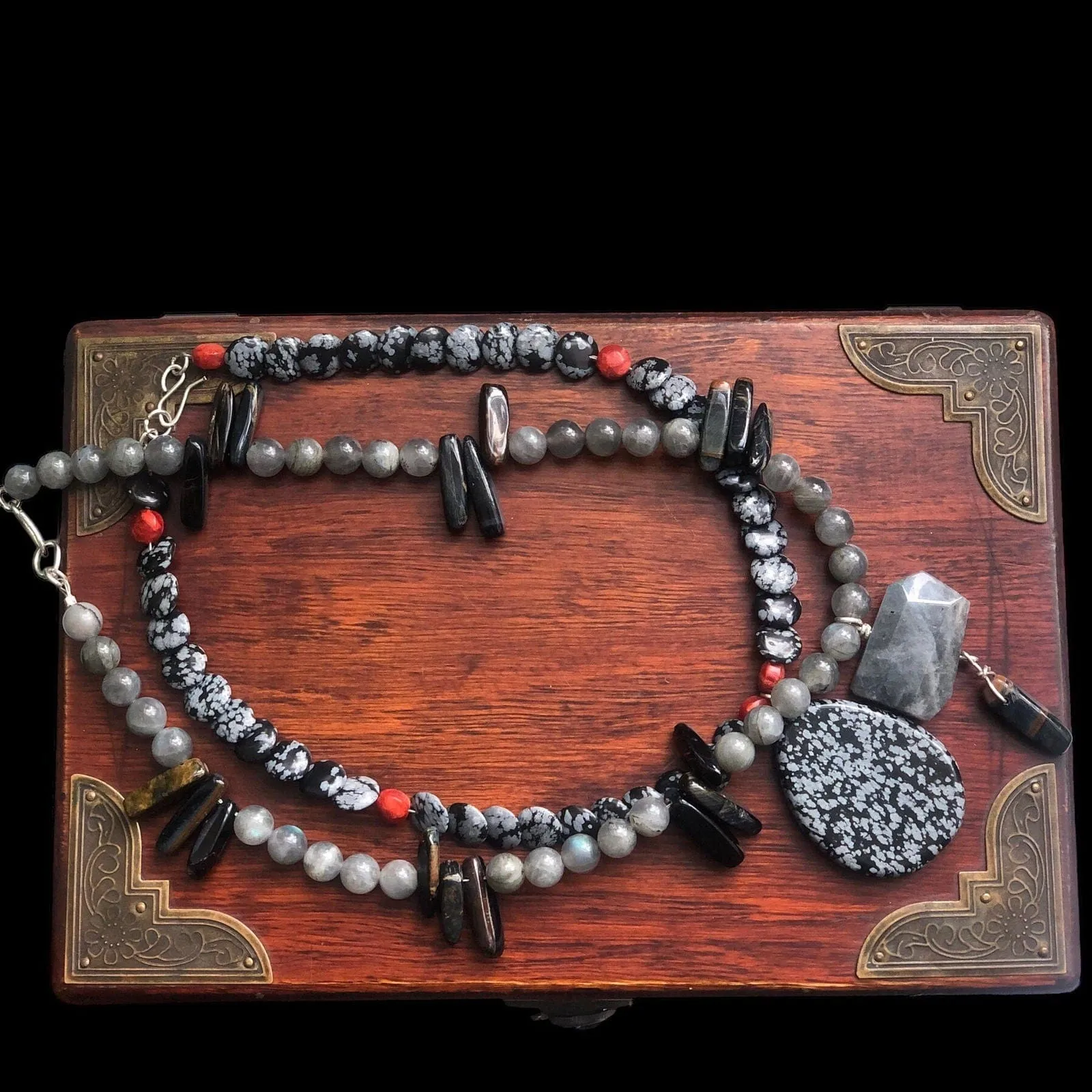 Moonstone and Blue Tiger Eye Beaded Necklace with Labradorite Pendant