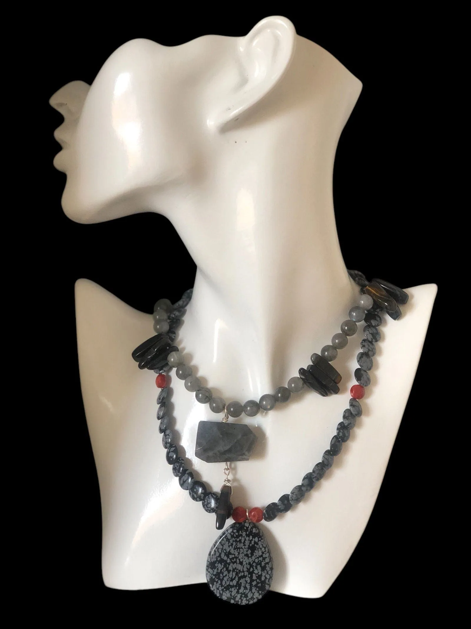 Moonstone and Blue Tiger Eye Beaded Necklace with Labradorite Pendant