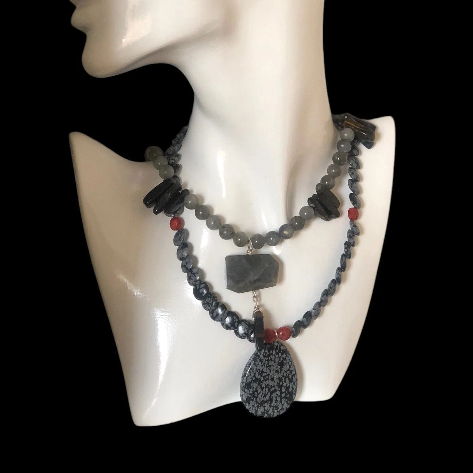 Moonstone and Blue Tiger Eye Beaded Necklace with Labradorite Pendant