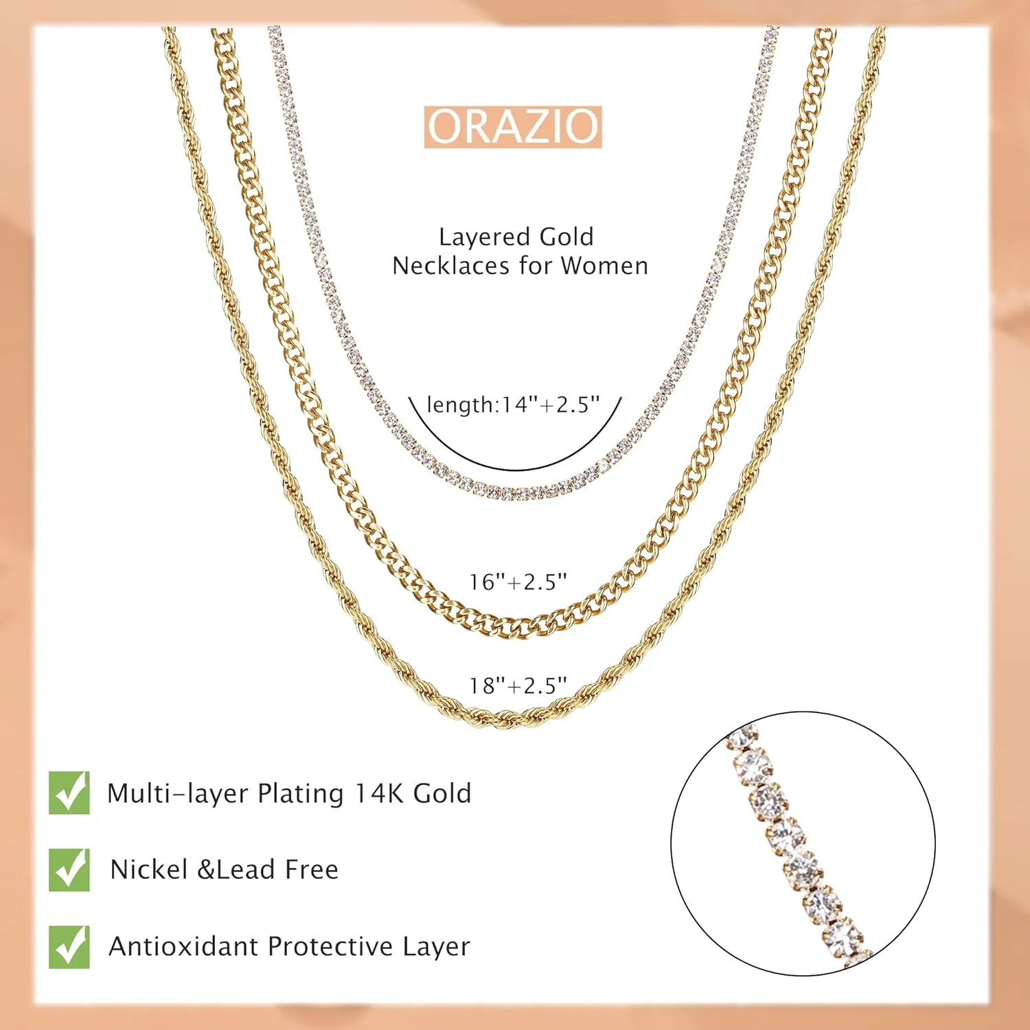 ORAZIO Gold Necklaces for Women,Layered Gold Necklaces Non Tarnish,14K Gold Plated Dainty Gold Necklace Stack,Cuban Link Paperclip Chain Toggle Clasp Necklace Fashion Waterproof Gold Jewelry for Women