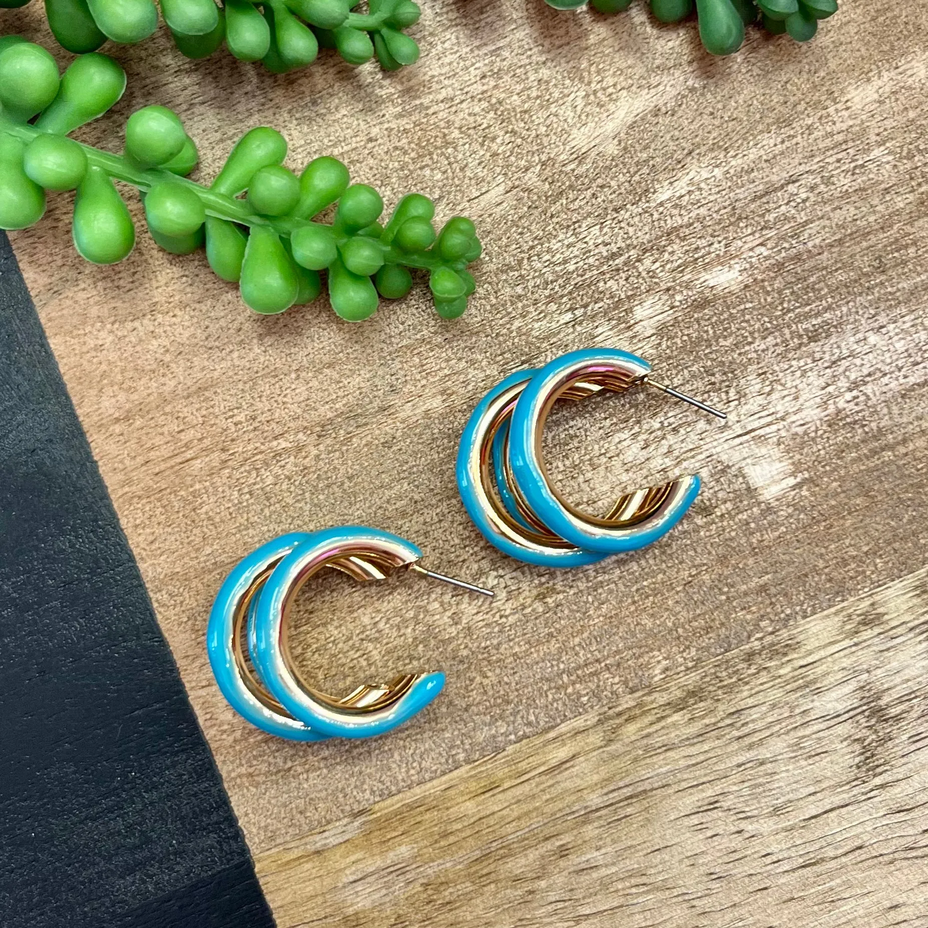Teal Enamel 3 Hoop Earring